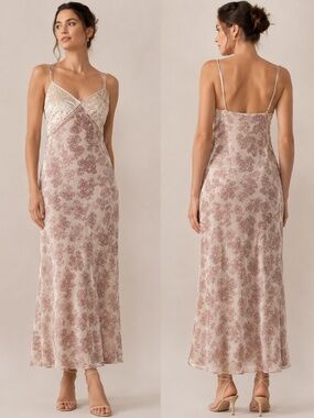 🌸 Zara Pink Velvet & Metallic Foiled Floral Maxi Dress M